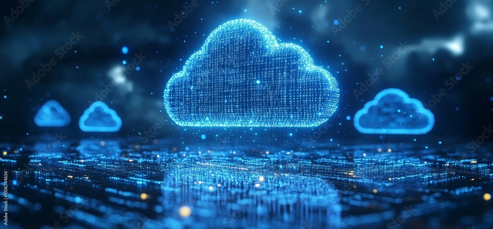 Poster illustration of glowing cloud icons, symbolizing cloud computing and digital data flow in an abstrac