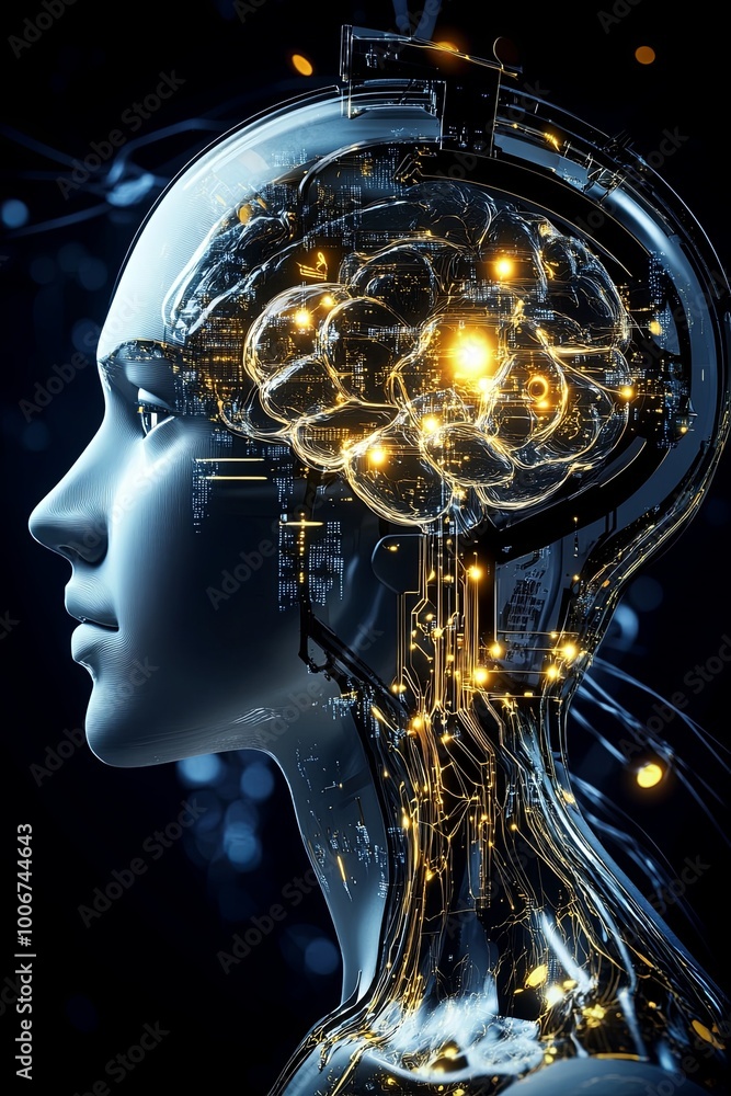 Poster a robotic head with a glowing brain, symbolizing artificial intelligence.