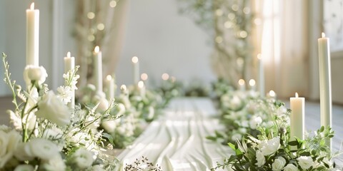  a sage green themed wedding aisle, soft colors, minimalist but elegant 