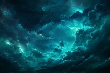 Dramatic night sky  stormy clouds in black, blue, green, and teal with lightning and glows