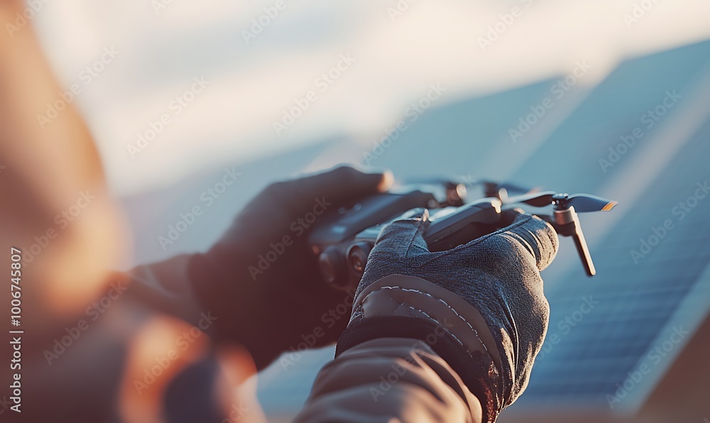 Poster engineer with gloved hands operating drone over panels