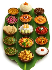 Traditional Indian Diwali Meal Served on Banana Leaf with Variety of Dishes