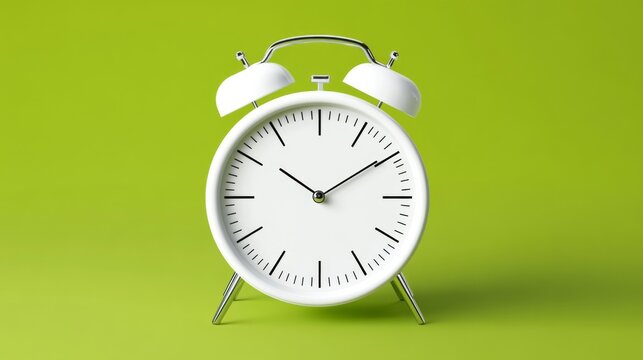 White alarm clock with classic design resting on green background during the day, symbolizing time management and the importance of punctuality in daily routines