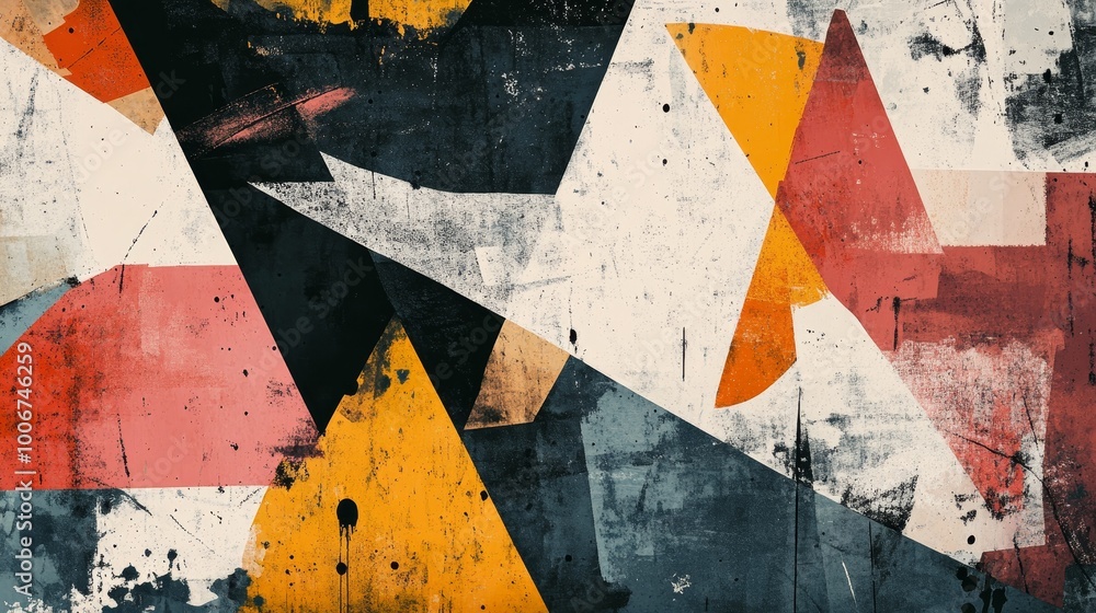 Poster an abstract artwork featuring vibrant intersecting geometric shapes with strong contrasts of color a