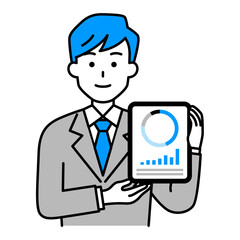 タブレットで資産運用を案内するスーツの男性