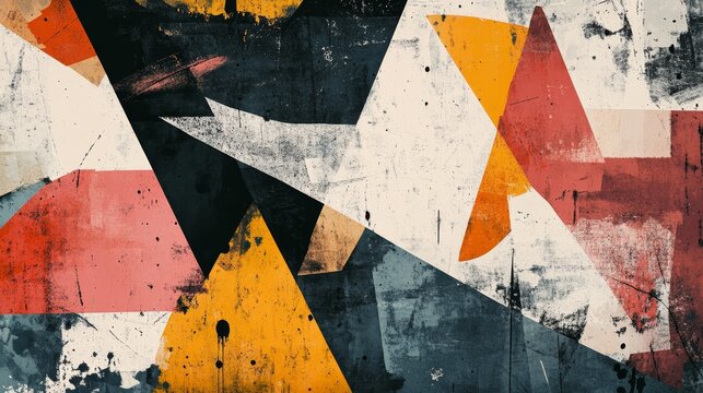 An abstract artwork featuring vibrant intersecting geometric shapes with strong contrasts of color and form.