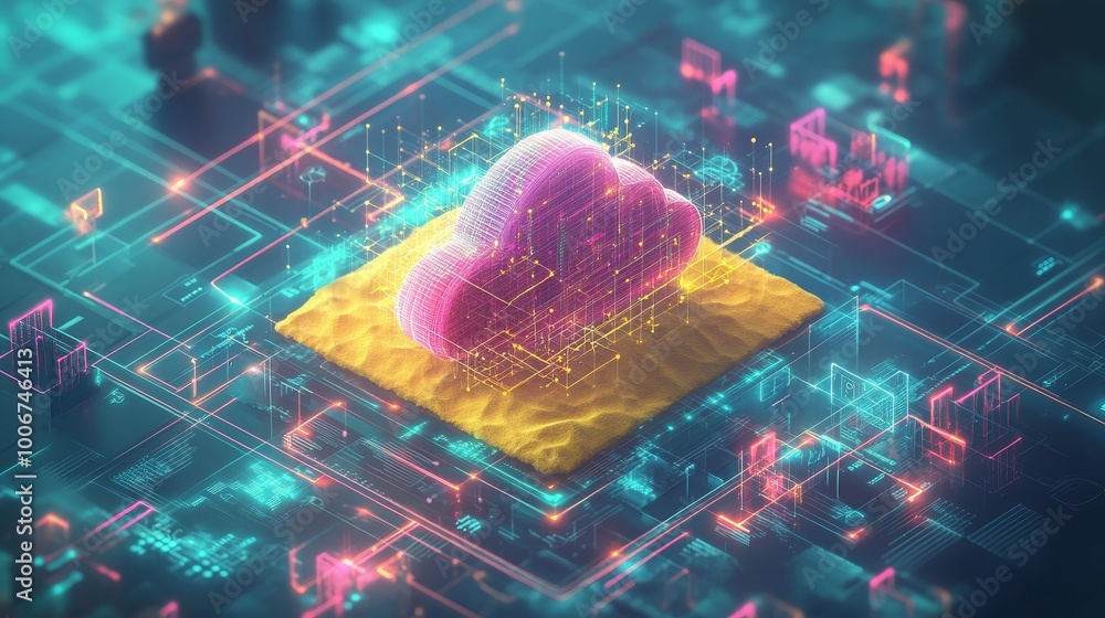 Poster a digital artwork depicting futuristic cloud computing with a neon-lit interface and holographic tec