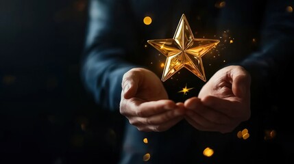 The concept of providing a five-star premium service. businessman showing award High standards are guaranteed, service quality, business success, work efficiency, top quality assurance 5 stars