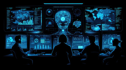 A group of professionals collaborates on technology systems, surrounded by glowing screens displaying data visualizations and analytics