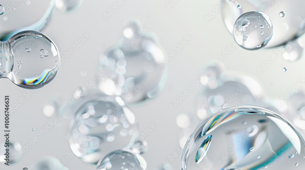 Poster a close-up view of transparent bubbles suspended in clear liquid, reflecting light, creating an ethe
