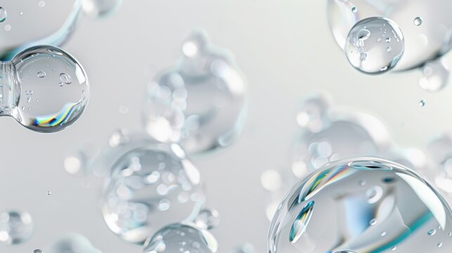 A close-up view of transparent bubbles suspended in clear liquid, reflecting light, creating an ethereal atmosphere in a soft-focus environment