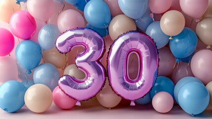Celebratory decorations featuring large 30-shaped balloons among pastel-colored balloons in pink, blue, and cream at a birthday party visually representing a milestone occasion