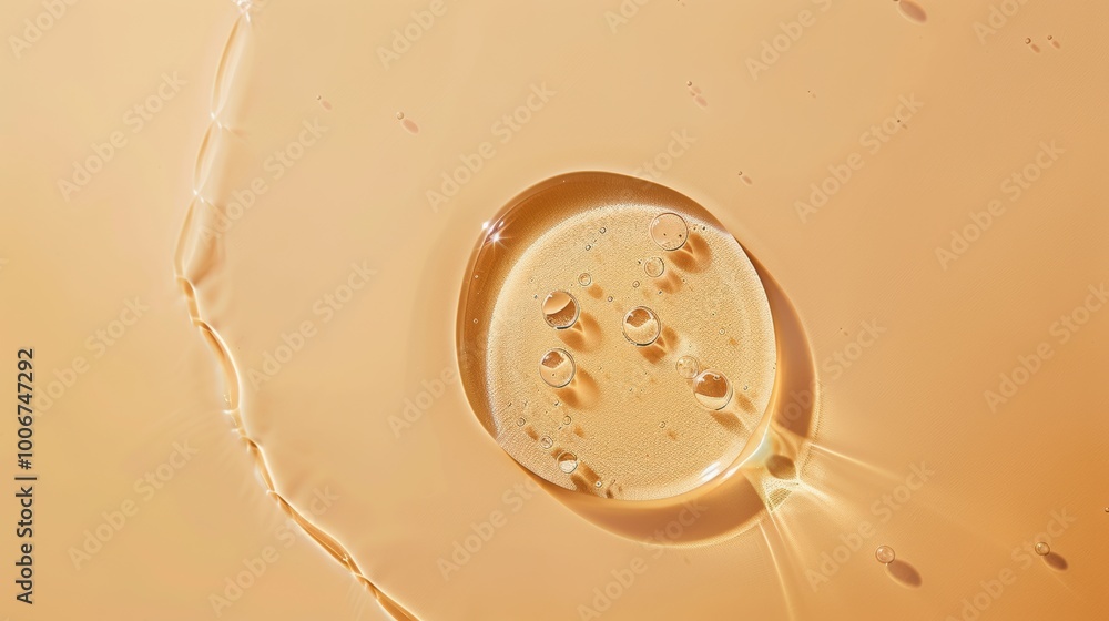 Poster close-up view of golden liquid droplets on a smooth surface, showcasing the intricate patterns and r