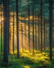 Obraz premium Serene morning sunlight streaming through lush green forest trees