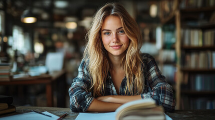 A young woman with wavy hair sits at a wooden table, smiling warmly in a cozy library filled with books during the afternoon