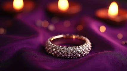 Elegant shiny diamond-studded ring placed on a luxurious plum purple velvet cloth, glowing diyas casting soft light, with a dark gradient background and ample copy space, perfect for a Happy Diwali