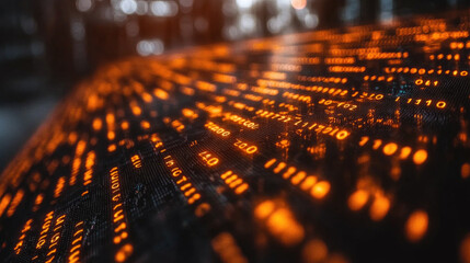 Continuously flowing binary code in vibrant orange colors creates a dynamic visual effect on a dark surface, highlighting technology's essence