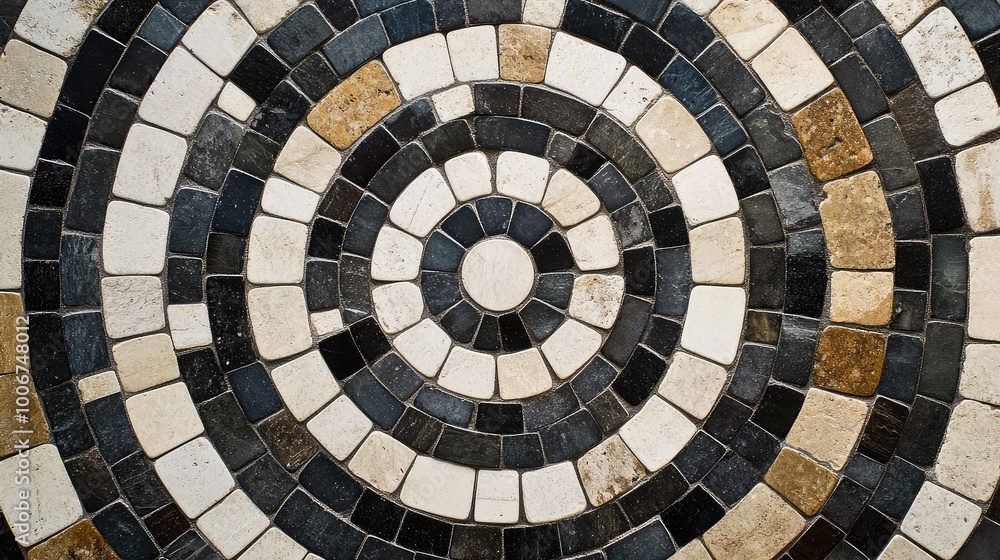 Poster circular tiles with concentric rings of alternating light and dark shades, forming a minimalist, sym