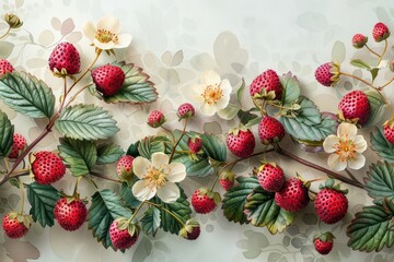 Wild forest red ripe strawberry. Wild Strawberry illustration. Wild forest strawberry. Forest Strawberry on Bush. Wild strawberry vines. Strawberry flower. Watercolor wild strawberries. 