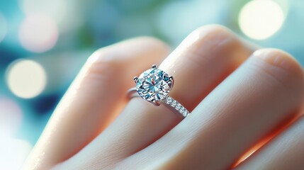 Close-up view of diamond ring and woman hand