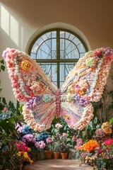 A large butterfly-shaped yarn installation made of pastel colored flowers in the shape of wings, with an arched window behind it and surrounded by various colorful plants