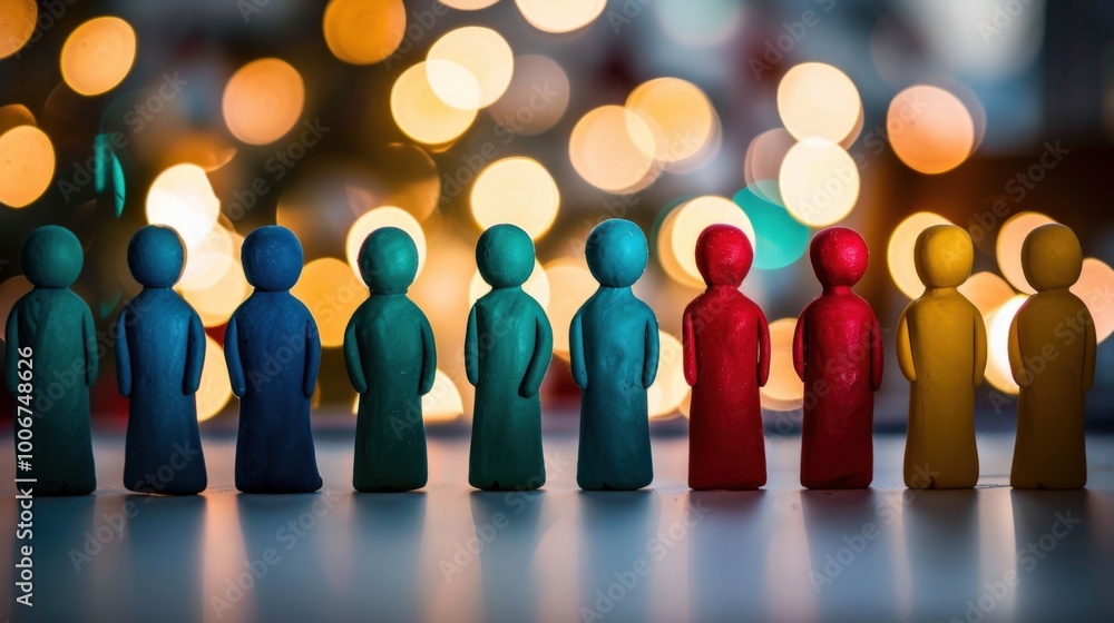 Poster colorful plasticine figures of people standing in a row on a blurred background with bokeh lights. c