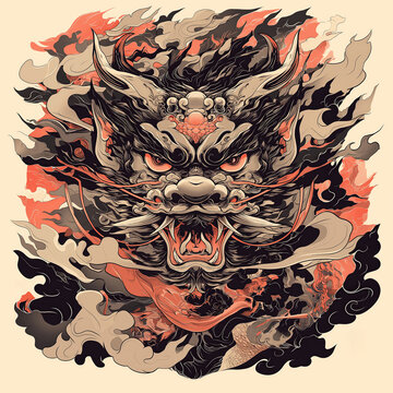 Japanese foo dog surrounded by smoke and fire