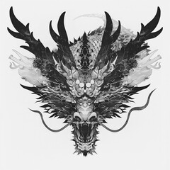 Black and white detailed dragon head illustration roaring