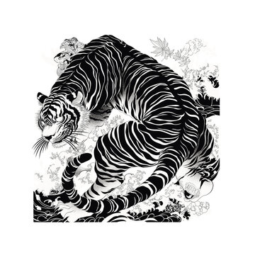 recommend clip art: Powerful tiger prowling through japanese nature illustration