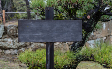 Black wood sign in a garden, japanese pine tree background, empty path signage template