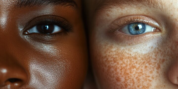 Close-up of two distinct faces showcasing diverse skin tones and eye colors, one with deep brown skin and dark eyes, the other with fair skin, freckles, and striking blue eyes