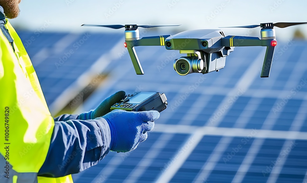 Poster engineer with gloved hands operating drone over panels