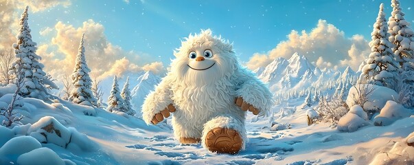 Friendly Yeti in a Snowy Mountain Landscape.