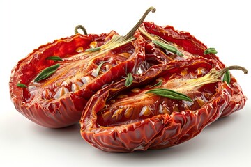 Sun dried tomato. Sundried Vegetable Slices. Sun dried tomatoes isolated on white background. Dried Tomato. Top view sun-dried tomatoes. Dry Tomatoes, Sun Dried Pomodoro, Dehydrated Tomato. 