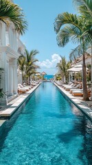 Fototapeta premium luxury poolside white architecture, wealthy, glamorous bali hotel, palm fronds