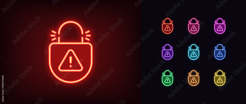 Poster outline neon lock picking icon set. glowing neon broken lock with danger warning, destroyed digital 