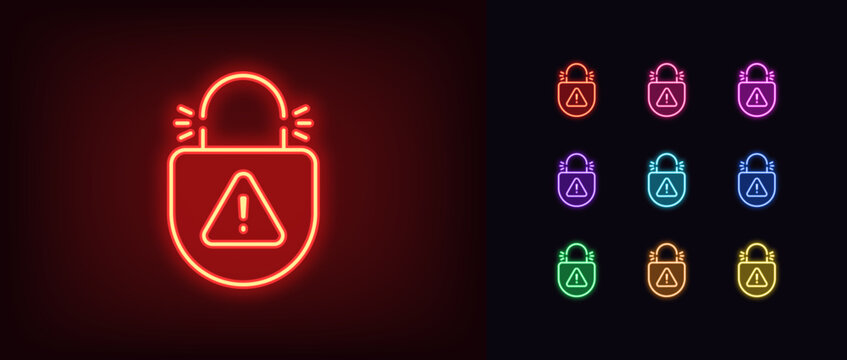 Outline neon lock picking icon set. Glowing neon broken lock with danger warning, destroyed digital protection. Security hacking, cyber attack guard, hacked protection of private data. Vector icons