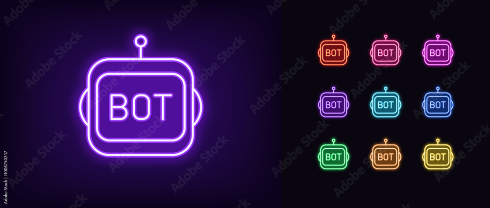 Poster outline neon chat bot, icon set. glowing neon robot face with bot text. virtual assistant, smart bot