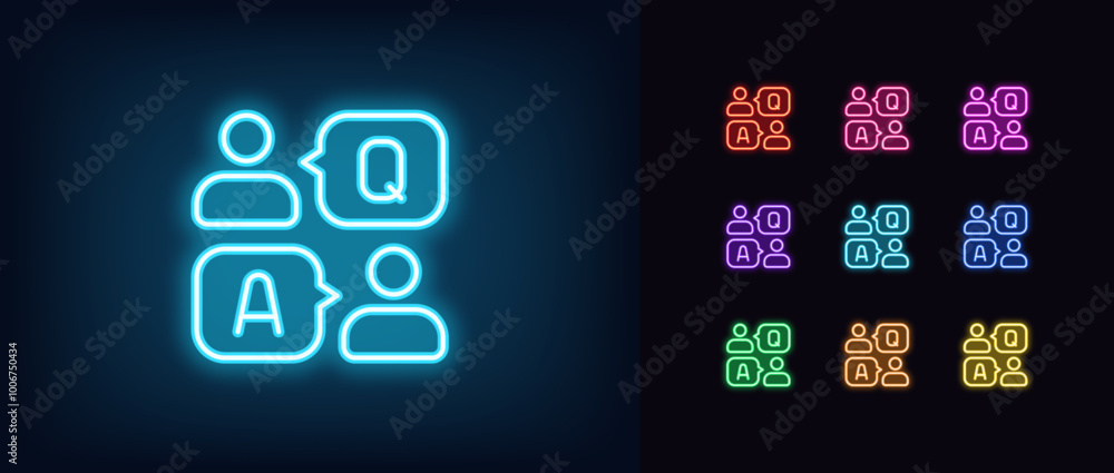Poster outline neon qa icon set. glowing neon questions and answers, users with speech bubble in business c