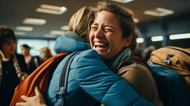 A touching embrace of two travelers at a busy station. Concept of sincere emotions during meetings and farewells