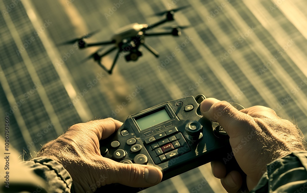 Poster engineer’s fingers operating drone controller above panels