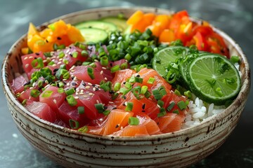 Yellowfin tuna poke bowl. Ahi tuna steak, Tataki. Raw tuna steak. Red Sea fish fillet, akami, bluefin piece. Slices of raw tuna fish meat, fresh tuna filet. Tuna tartare, Tuna carpaccio, Tuna steak.