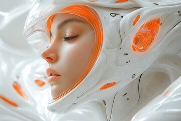 Woman wearing a futuristic body suit and helmet in shade of white and orange