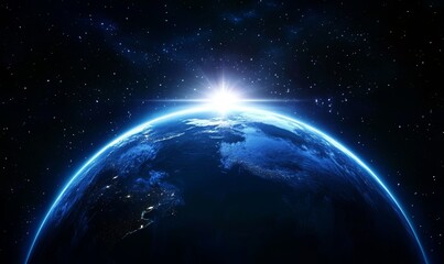 Naklejka premium A stunning view of Earth from space with the sun rising over the horizon, illuminating the planet.