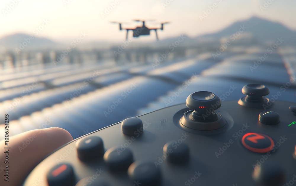 Poster engineer’s fingers operating drone controller above panels