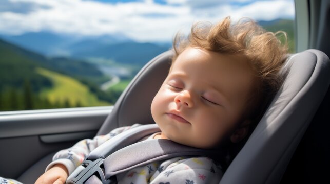  One-month-old baby sleeping in the back seat, wearing summer clothes, with a view of the car's surroundings 