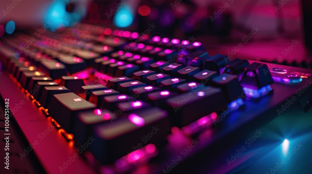 Aufkleber a gaming keyboard with colorful led lights, illuminated in the dark room and casting soft shadows on