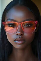 Close-up, frontal view of an African American woman wearing clear, red-framed sunglasses with a square shape and thin rims.