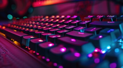 An illuminated gaming keyboard showcasing vibrant RGB lighting while set on a dark desk, highlighting modern gaming accessories during a late-night gaming session