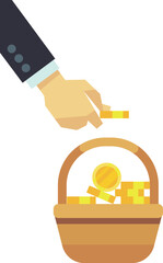 Businessman put coins in basket. Money savings icon